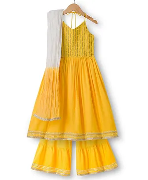 Pine Kids Cotton Woven Sleeveless
                              Halter Neck Embroidered Kurti &
                              Sharara Set With Dupatta & Lace
                              Detailing - Yellow