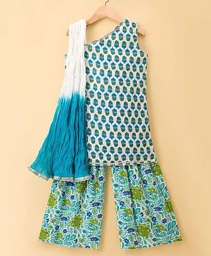 Pine Kids Cotton Woven Sleeveless
                              Floral Printed Kurta & Palazzo Set
                              With Dupatta - Light Blue