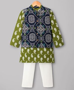 Pine Kids Cotton Woven Full Sleeves Printed Kurta Pyjama Set With Nehru Jacket - Green