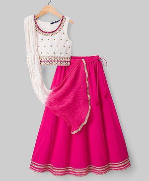 Pine Kids 100% Cotton Woven Sleeveless Floral Sequinned Choli Lehenga Set With Dupatta With Lace Detailing - White & Dark Pink
