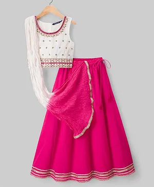 Pine Kids 100% Cotton Woven
                              Sleeveless Floral Sequinned Choli Lehenga
                              Set With Dupatta With Lace Detailing -
                              White & Dark Pink