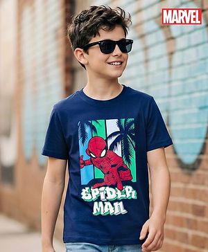 Pine Kids Disney Single Jersey Knit Half Sleeves T-Shirt With Spider Man Print - Navy Blue