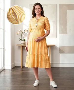Bella Mama Woven Half Puffed Sleeves
                              Striped Tiered Maternity Dress - Yellow