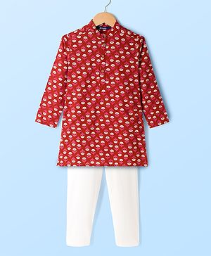 Pine Kids 100% Cotton Woven Full Sleeves Floral Printed Kurta & Pyjama Set - Red