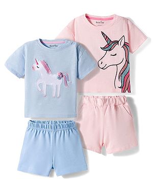 Bonfino 100% Cotton Knit Half Sleeves T-Shirts & Shorts Sets with Unicorn Glitter Print Pack of 2 - Blue & Pink