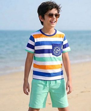 Pine Kids Single Jersey Knit Half Sleeves Striped T-Shirt with Text Print - White