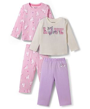 Bonfino 100% Cotton Knit Full Sleeves T-Shirts & Lounge Pants Set with Unicorn Print Pack of 2 - Light Pink & White