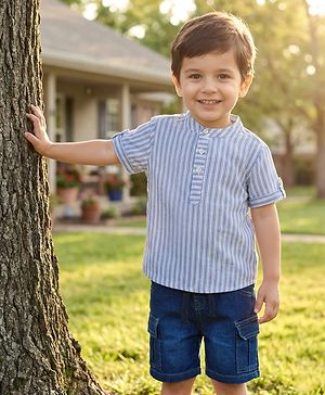 Babyhug Cotton Woven Half Sleeves Mandarin Collar Stripes Shirt & Shorts  Set - Light Blue