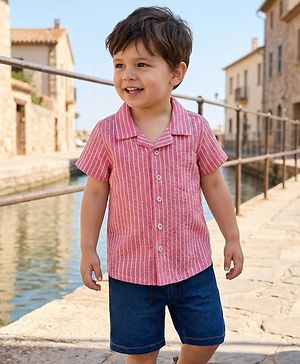 Babyhug Cotton Woven Half Sleeves Striped Shirt & Denim Shorts Set - Multicolor