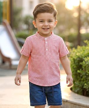 Babyhug Cotton Woven Half Sleeves Striped Shirt & Denim Shorts Set - Blue