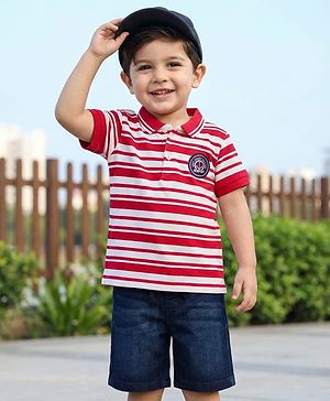 Babyhug Cotton Knit Half Sleeves Striped Polo T-Shirt & Shorts Set With Anchor Patch - Multicolor & Blue