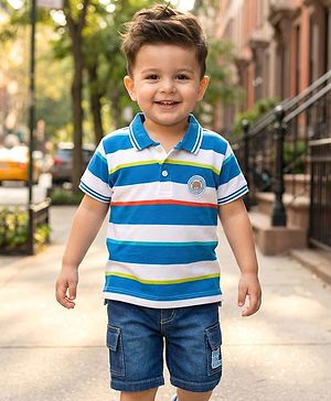 Babyhug Cotton Knit Half Sleeves Striped Polo T-Shirt & Shorts Set With Teddy Bear Patch - Multicolor & Blue