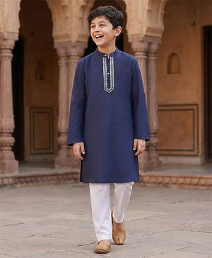 Pine Kids Woven Full Sleeves Kurta Pajama Set with Embroidery - Navy Blue
