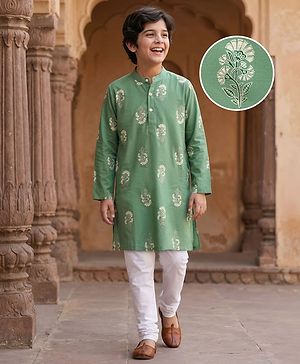 Pine Kids Woven Full Sleeves Kurta Pyjama Set With Foil Floral Print - Olive Green & White