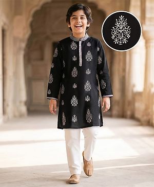 Pine Kids Woven Full Sleeves Kurta Pajama Set with Embroidery - Black