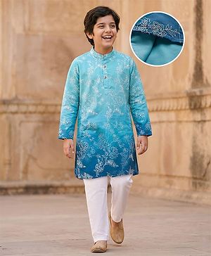 Pine Kids Woven Full Sleeves Kurta Pajama Set with Floral Embroidery - Blue