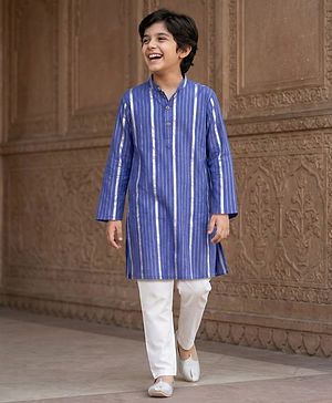 Pine Kids 100% Cotton Woven Full Sleeves Striped Kurta & Pyjama Set - Blue