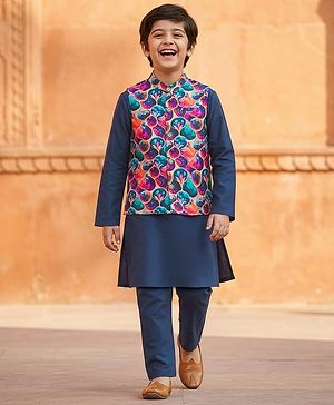 Pine Kids Woven Full Sleeves Kurta Pajama Set with Jacket & Floral Print - Navy Blue
