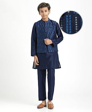 Pine Kids Woven Full Sleeves Kurta Pajama Set with Jacket Embroidery & Sequin Detailing - Navy Blue