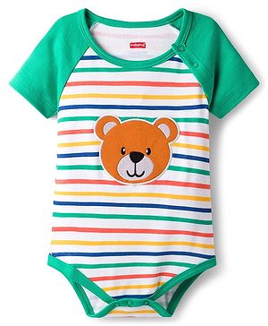 Babyhug 100% Cotton Knit Half Raglan Sleeves Onesie With Teddy Bear Print - Green