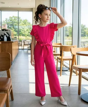 Pine Kids Cotton Knit Half Puffed
                              Sleeves Solid Colour Full Length Jumpsuit
                              with Frill Detailing - Dark Pink