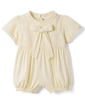 ToffyHouse
                              Cotton Woven Half Sleeves Rompers With
                              Lace Detailing & Bow Applique -
                              Yellow