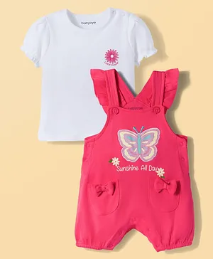 Babyoye Eco Conscious 100% Cotton
                              Knit With Eco Jiva Finish Half Sleeves Tee
                              & Dungaree Set with Butterfly
                              Embroidery - Dark Pink & White