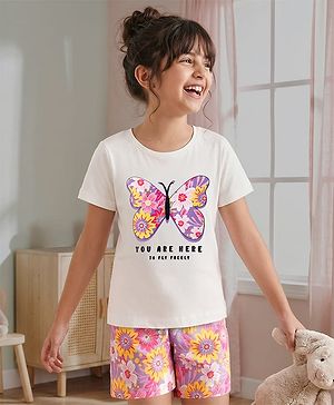 Pine Kids Single Jersey Knit Half Sleeves T-Shirt & Shorts Night Suit with Floral & Butterfly Print - Lilac & White