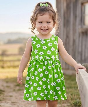 Babyhug Single Jersey Knit Sleeveless Frock with Floral Print & Bow Applique - Green