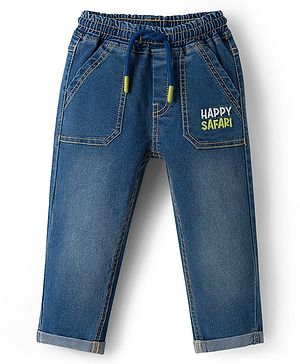 Babyhug Full Length Denim Jeans with Happy Safari Embroidery - Blue