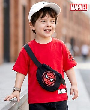 Babyhug Marvel Terry Knit Half Sleeves Oversize Drop Shouder T-Shirt With Functional Bag - Red