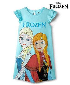 Pine Kids Disney Single Jersey Knit Frill Sleeves Nighty With Elsa & Anna Graphics - Light Blue