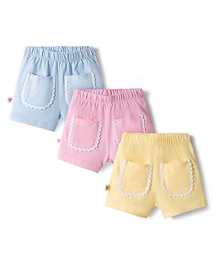 Bonfino 100% Cotton Knit Solid Colour Shorts With Pocket Pack Of 3 - Yellow Pink & Blue