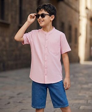Pine Kids Cotton Woven Half Sleeves Solid Color Shirt & Denim Shorts Set - Peach & Blue