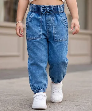 Babyhug Full Length Solid Color Denim
                              Joggers with Bow Applique - Blue