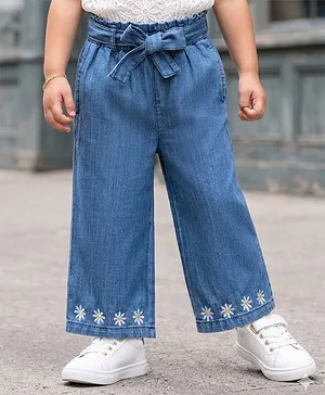 Babyhug Denim Ankle Length Floral
                              Embroidered Culottes With Belt - Blue