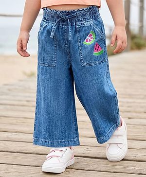 Babyhug Denim Capri With Watermelon Embroidery - Blue