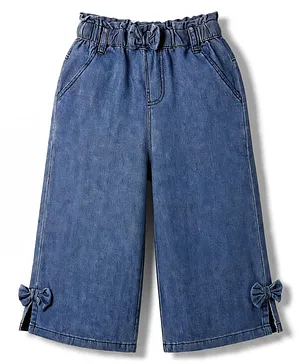 Babyhug Denim Washed ANkle Length Culottes
                      With Bow Applique - Blue