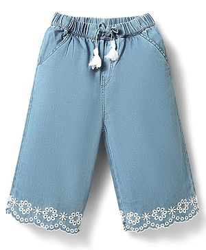 Babyhug Denim Cotton Ankle Length Washed & Floral Embroidered Jeans - Light Blue