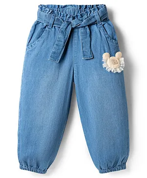 Babyhug
                              Full Length Washed Denim Jogger with Mouse
                              Applique & Belt - Blue