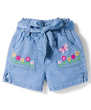 Babyhug Cotton Mid Thigh Length Washed Denim Shorts with Belt &  Floral Embroidery - Blue
