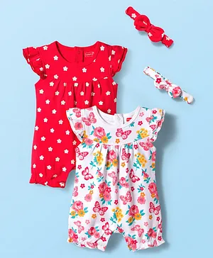 Babyhug 100% Cotton Interlock Knit
                              Frill Sleeves Romper With Floral Print
                              Pack Of 2 - Red & White