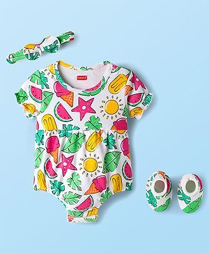 Babyhug 100% Cotton Interlock Knit Half Sleeves Onesies With Tropical Theme Print & Booties & Hairband - White