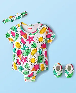 Babyhug 100% Cotton Interlock Knit
                              Half Sleeves Onesies With Tropical Theme
                              Print & Booties & Hairband -
                              White