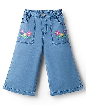 Babyhug Ankle Length Washed Denim Capri with Floral Embroidery - Blue