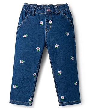 Babyhug Full Length Denim Jeans with Stretch & Floral Embroidery - Navy Blue