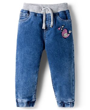 Babyhug Full Length Denim Jogger with Stretch & Bird Embroidery - Blue