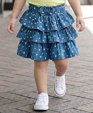 Babyhug Denim Mid Thigh Skirts With Heart Print - Blue