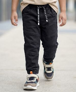 Babyhug Denim Washed Full Length Solid Colour Jeans with Cut & Sew Design & Strech - Black
