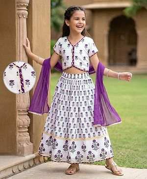 Pine Kids Woven Half Sleeves Floral Printed Choli Lehenga Set with Duapatta - White